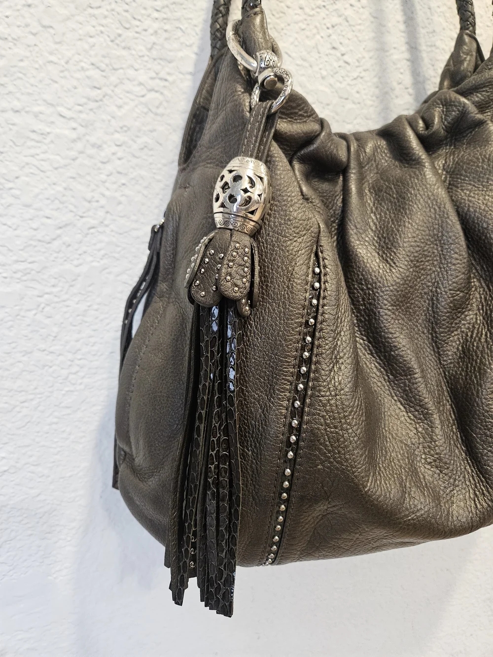 Brighton Greta Garbo Femme Fatale Pewter Studded Leather Slouchy Hobo Bag E84883
